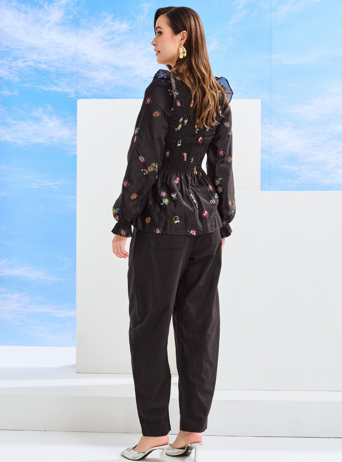 Odette Floral Cotton Smocked Top - Black