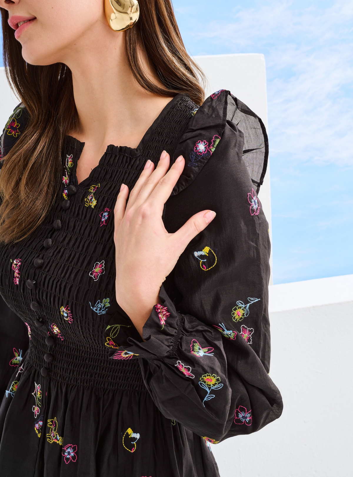 Odette Floral Cotton Smocked Top - Black