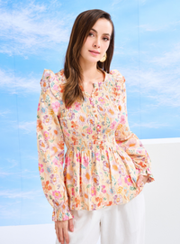 Odette Floral Cotton Smocked Top - Cream Floral