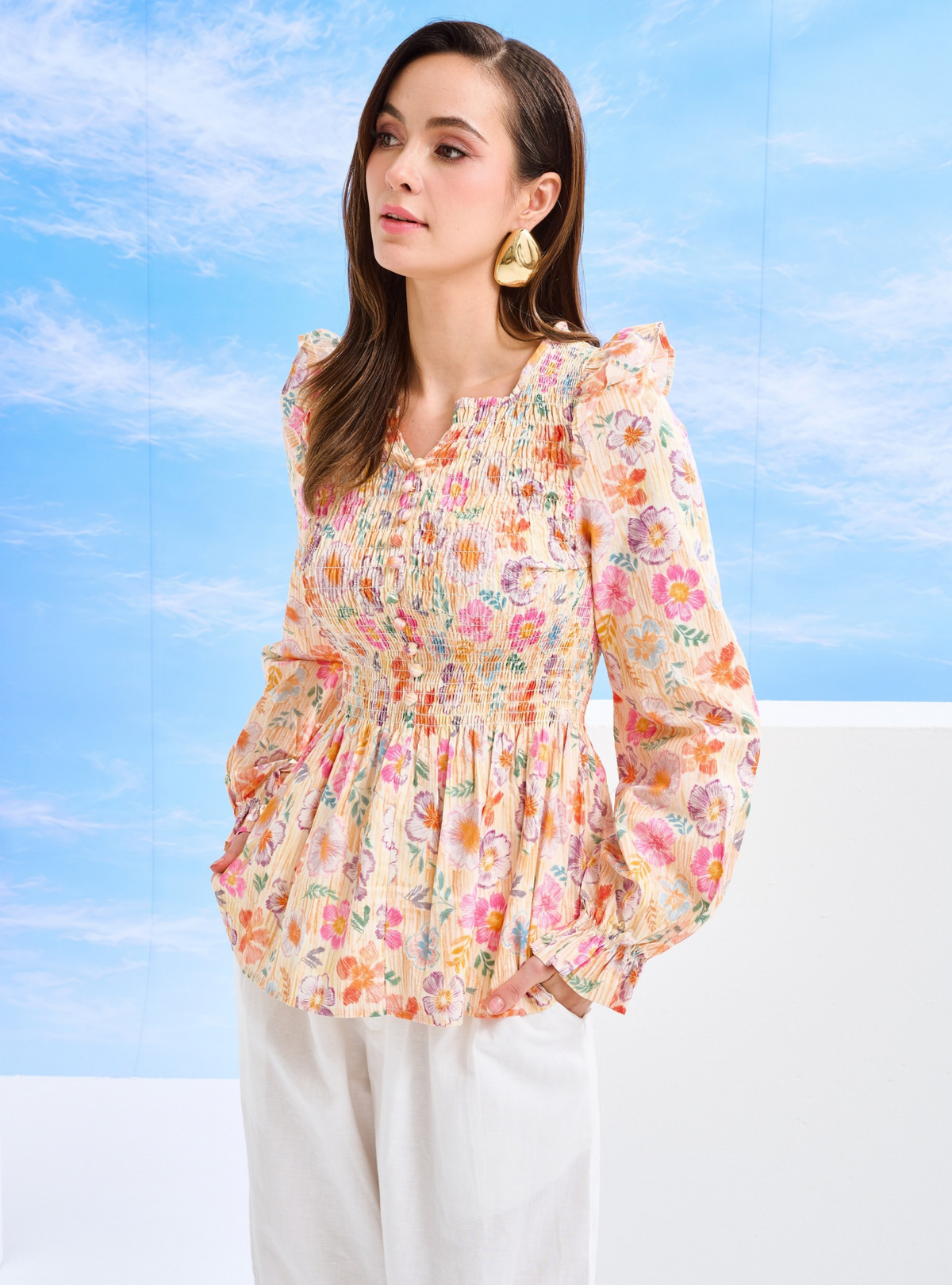 Odette Floral Cotton Smocked Top - Cream Floral