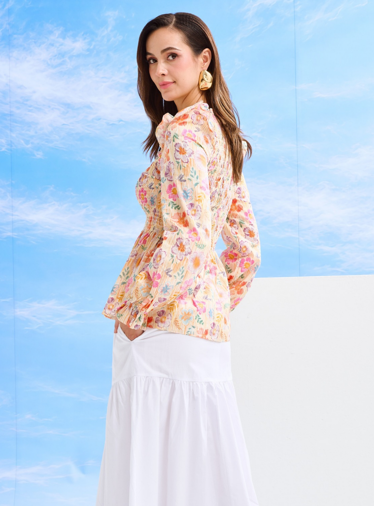 Odette Floral Cotton Smocked Top - Cream Floral