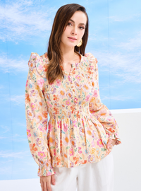 Odette Floral Cotton Smocked Top - Cream Floral