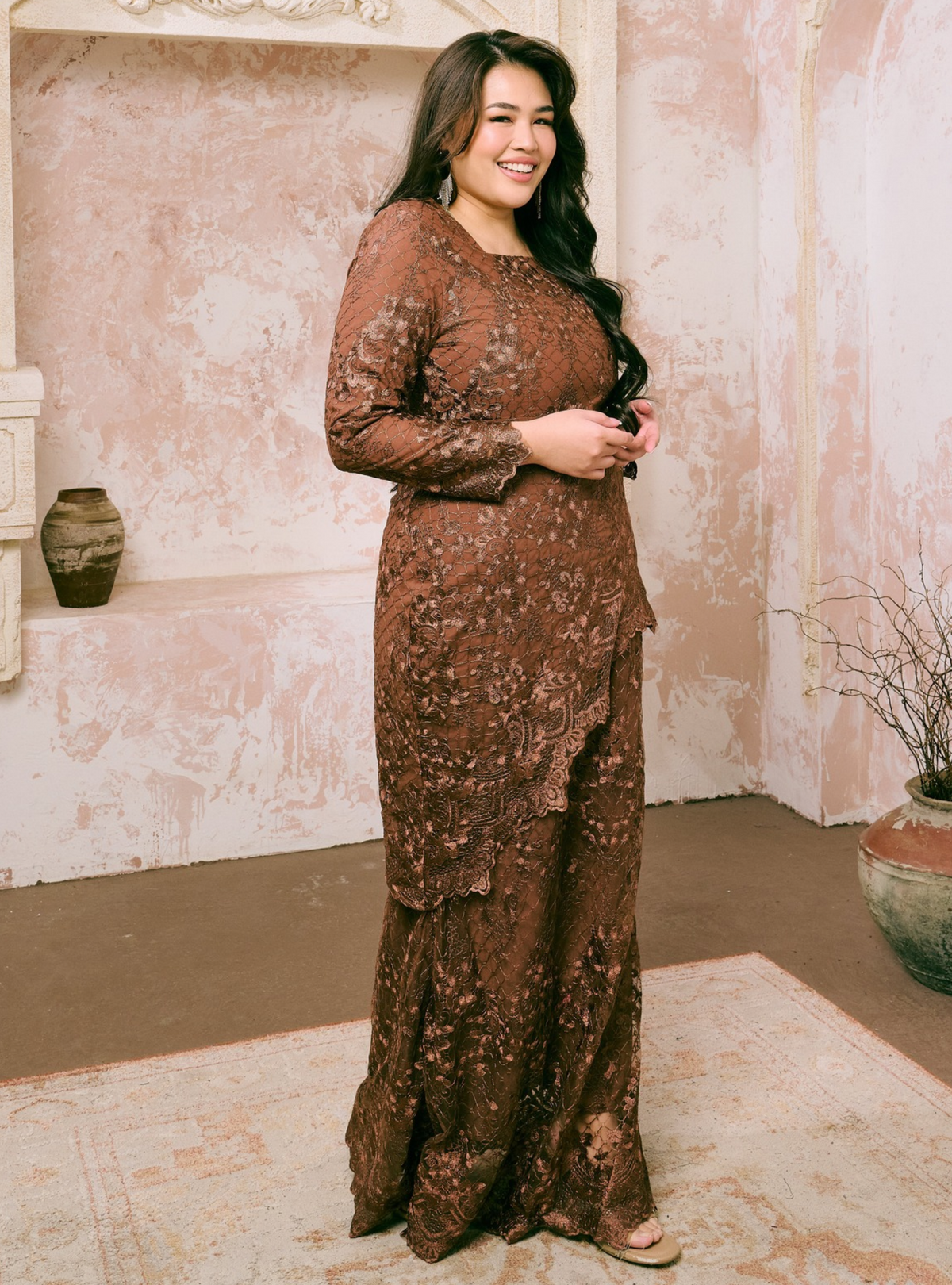 Manis Thania Asymmetrical Kurung Pahang - Copper Brown