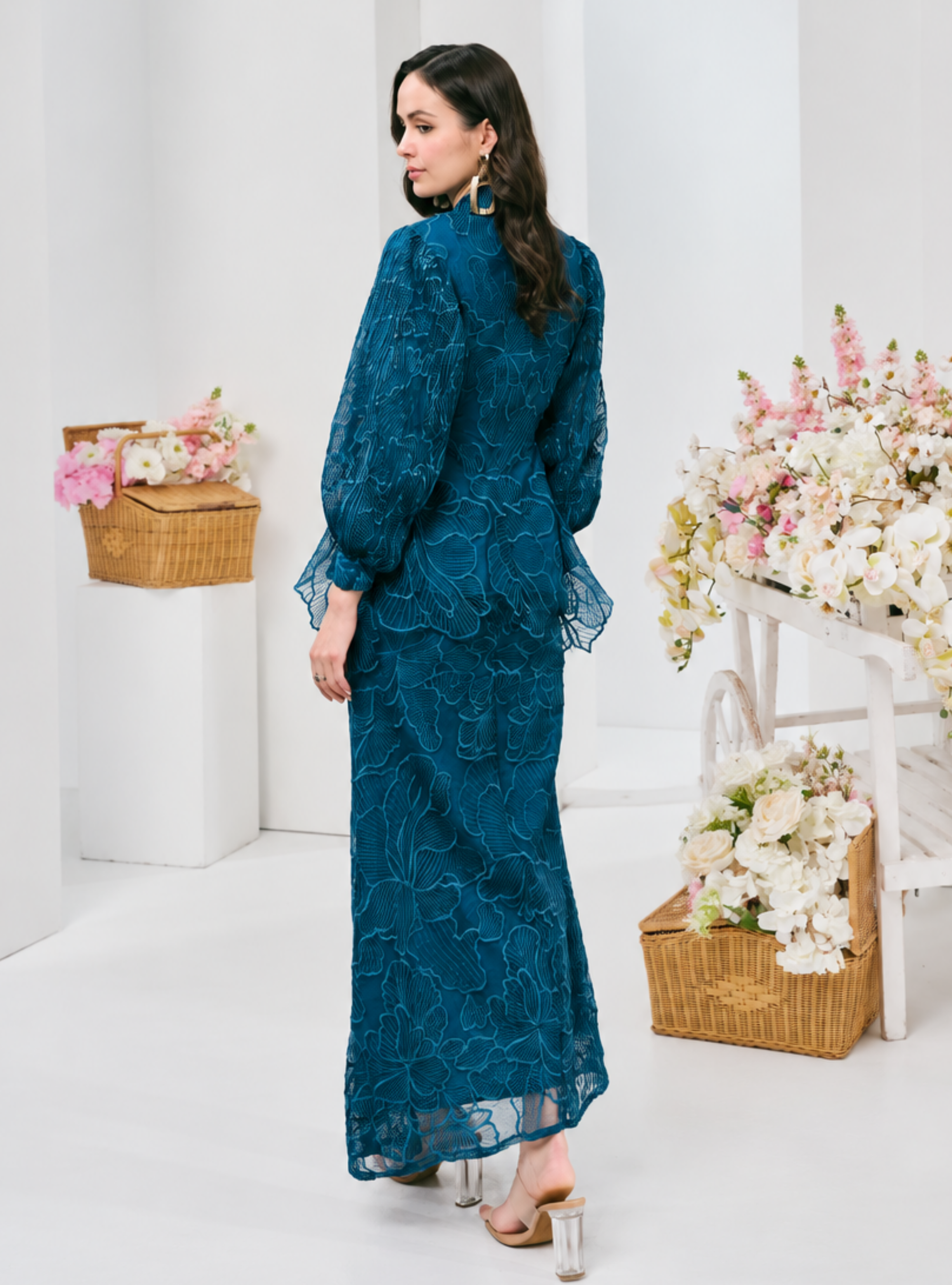 Bunga Melur Lace Kebaya Doll Kurung - Teal