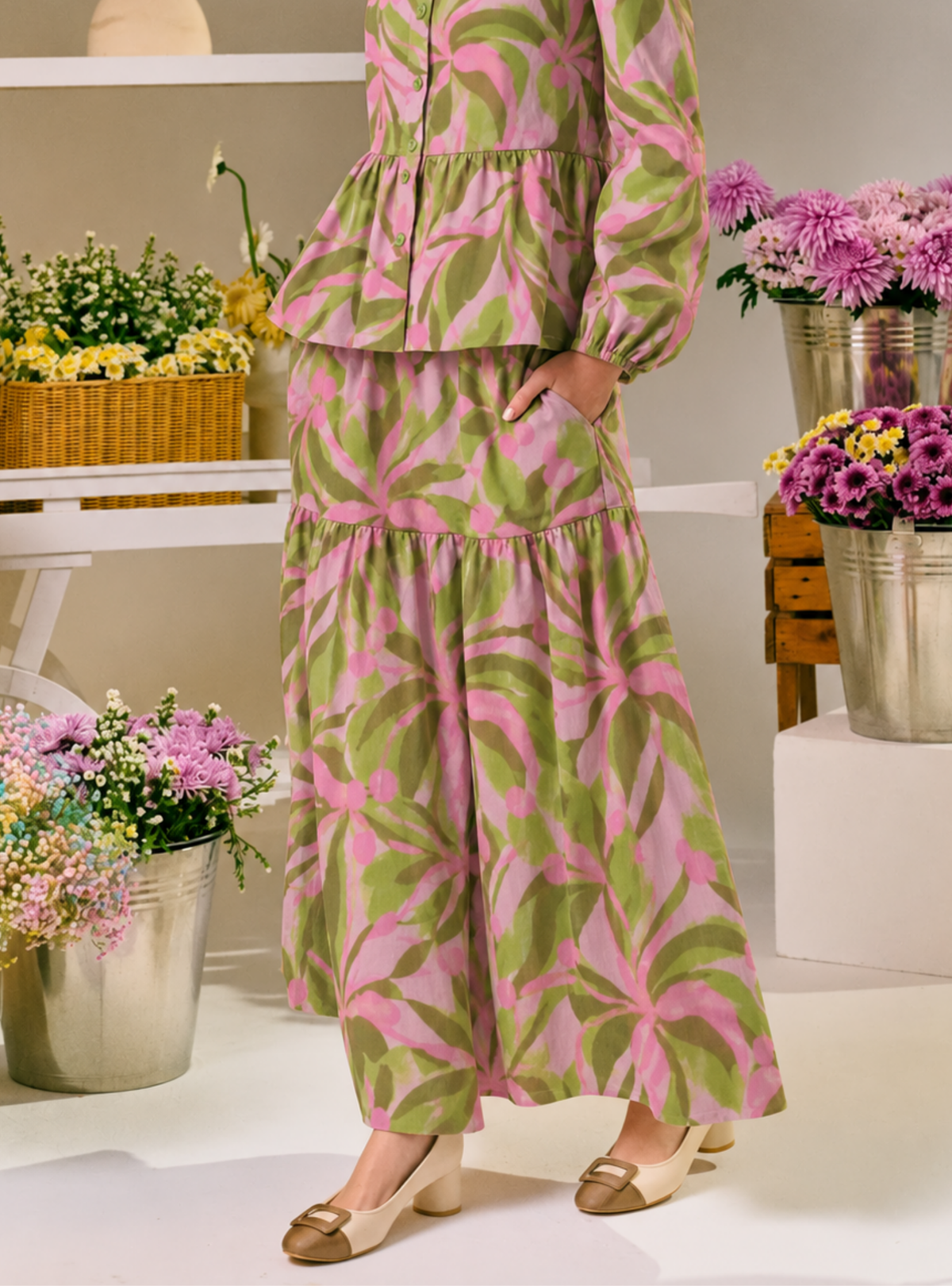 Palma A-Line Tiered Skirt - Strawberry Matcha
