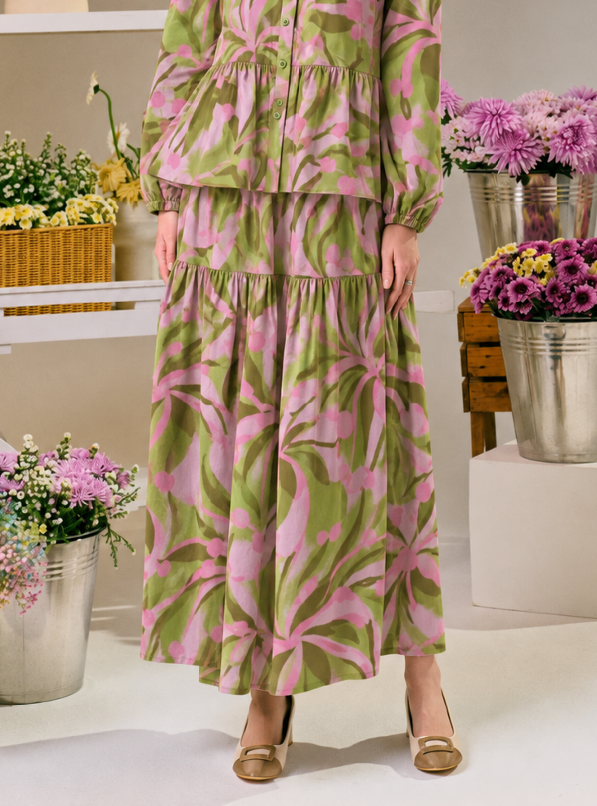 Palma A-Line Tiered Skirt - Strawberry Matcha