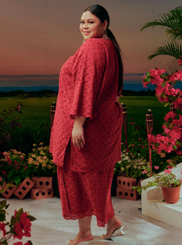 Brick Red Tun Yasmin Embroidered Eyelet Oversized Kurung