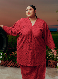 Brick Red Tun Yasmin Embroidered Eyelet Oversized Kurung