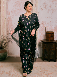 Santun Mia Kurung Pahang - Black Flower