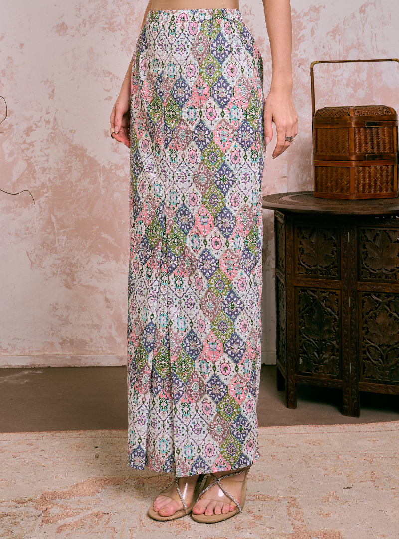 Naylah Songket Front Fold Skirt - Pink Checked