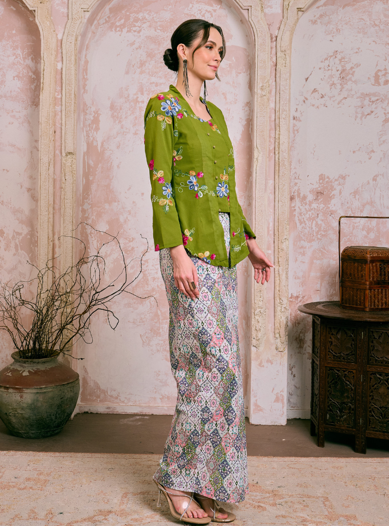 Naylah Songket Front Fold Skirt - Pink Checked