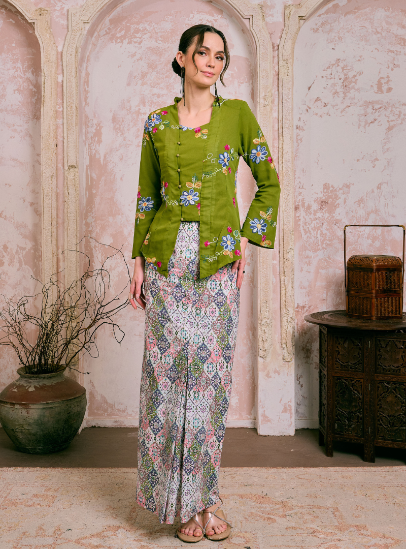 Naylah Songket Front Fold Skirt - Pink Checked