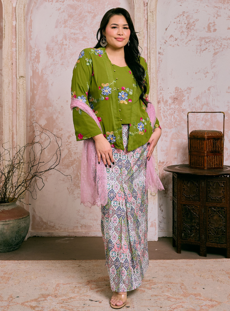 Naylah Songket Front Fold Skirt - Pink Checked