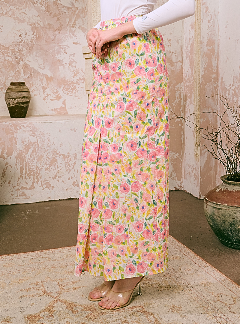Naylah Songket Front Fold Skirt - Pink Garden
