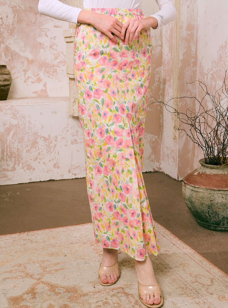 Naylah Songket Front Fold Skirt - Pink Garden