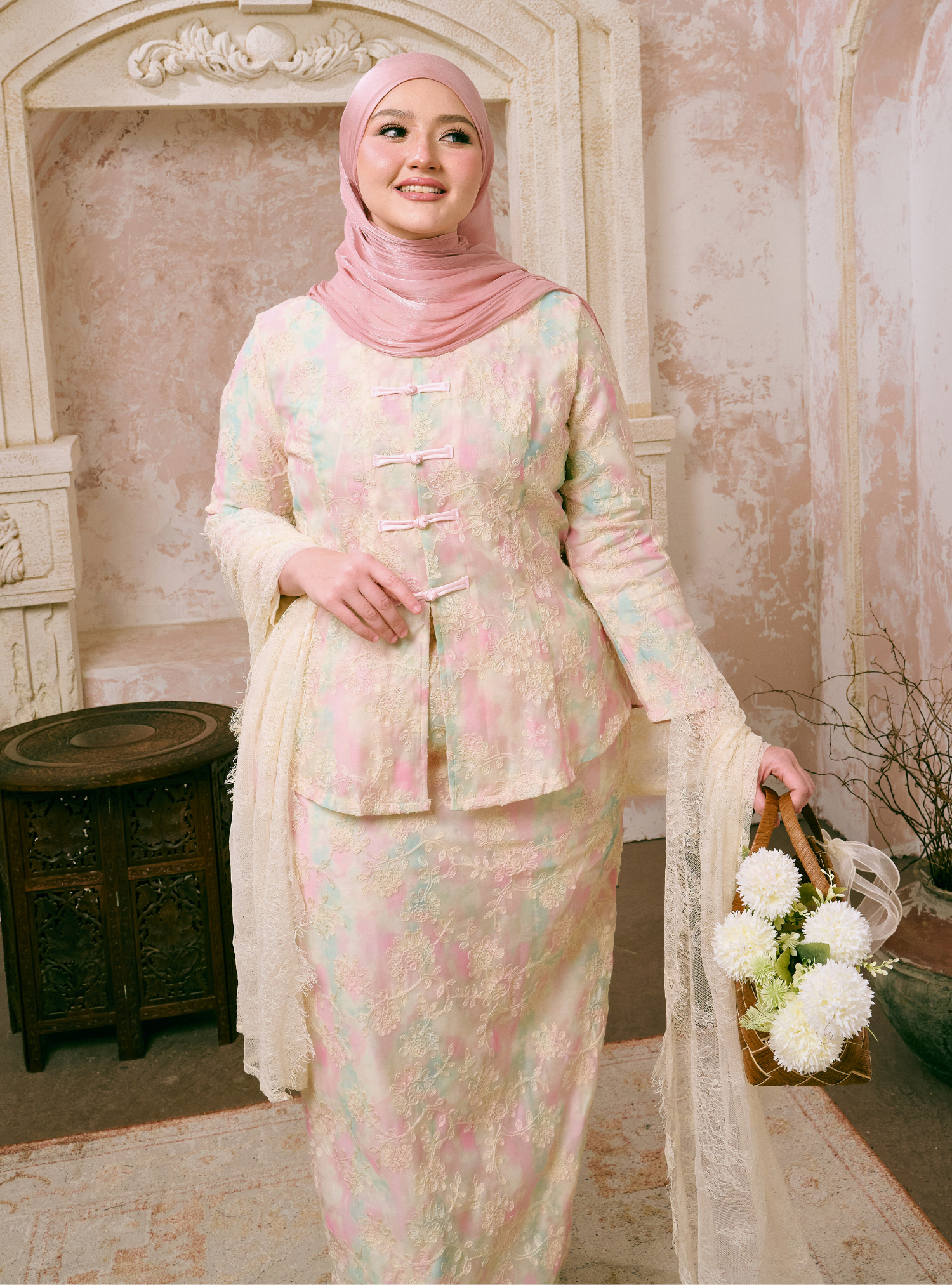 Santun Yumi Mandarin Kebaya Kurung - Matcha Strawberry