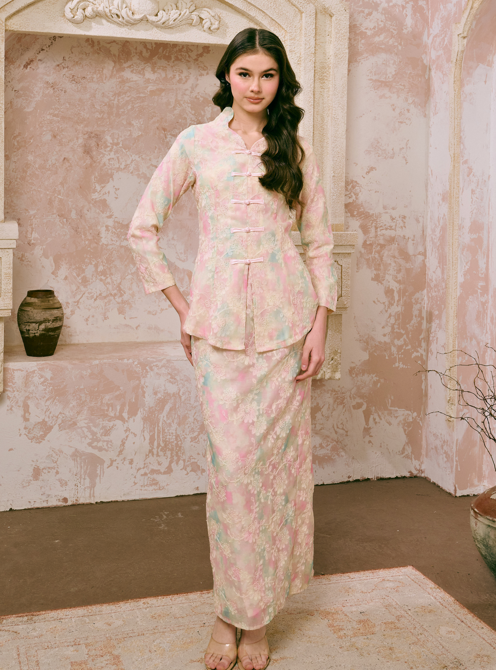 Santun Yumi Mandarin Kebaya Kurung - Matcha Strawberry