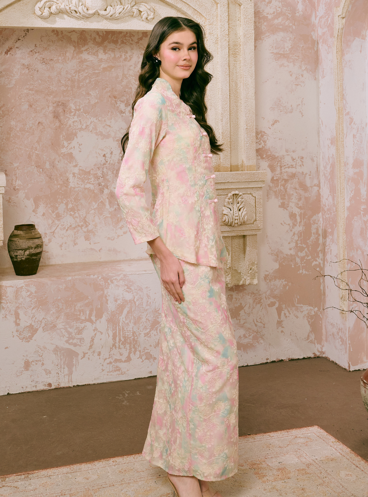 Santun Yumi Mandarin Kebaya Kurung - Matcha Strawberry