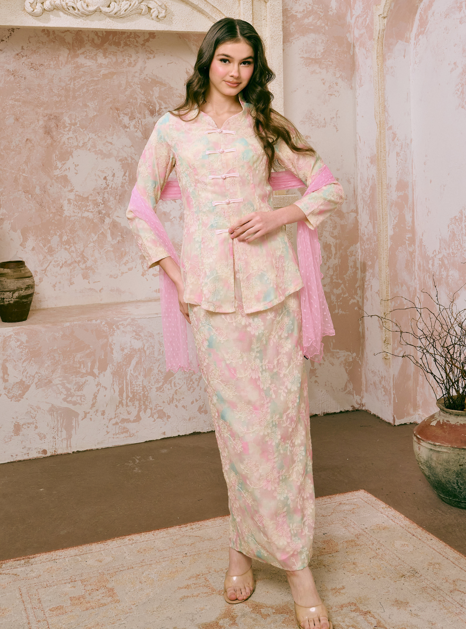 Santun Yumi Mandarin Kebaya Kurung - Matcha Strawberry