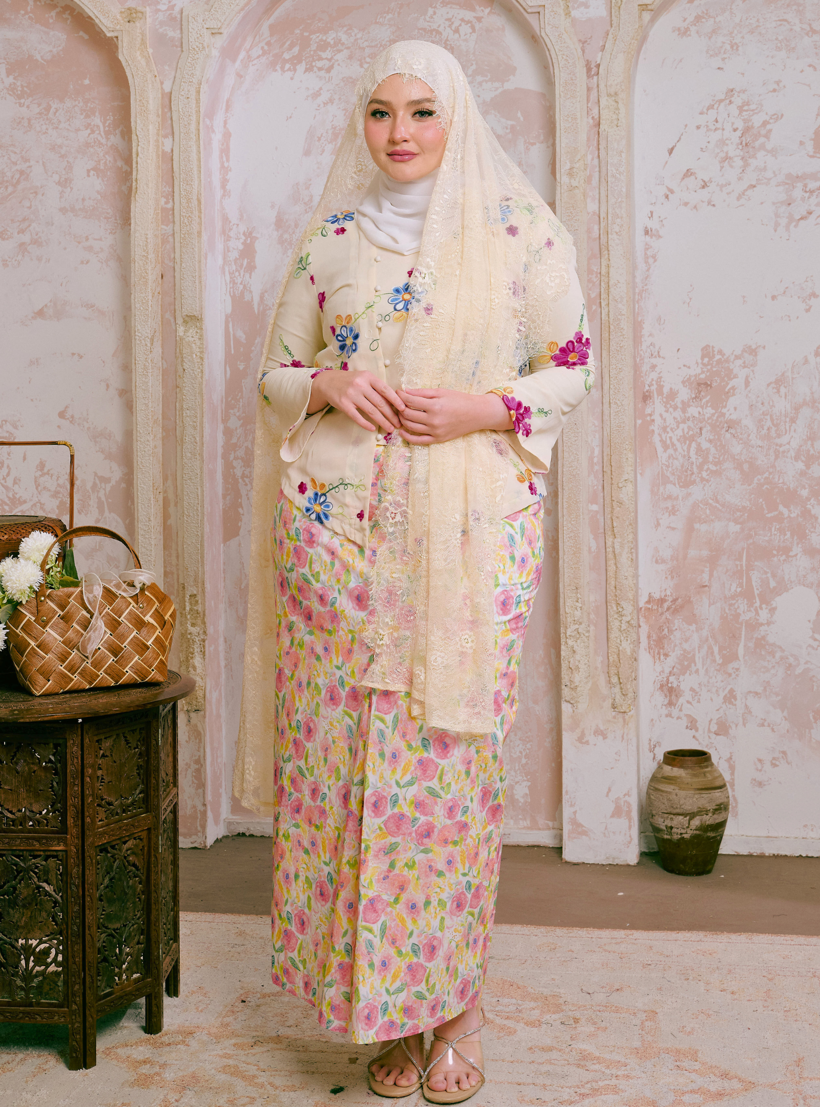 Naylah Songket Front Fold Skirt - Pink Garden