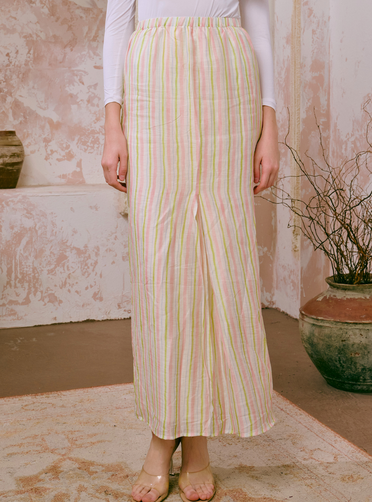 Naylah Songket Front Fold Skirt - Pink Striped