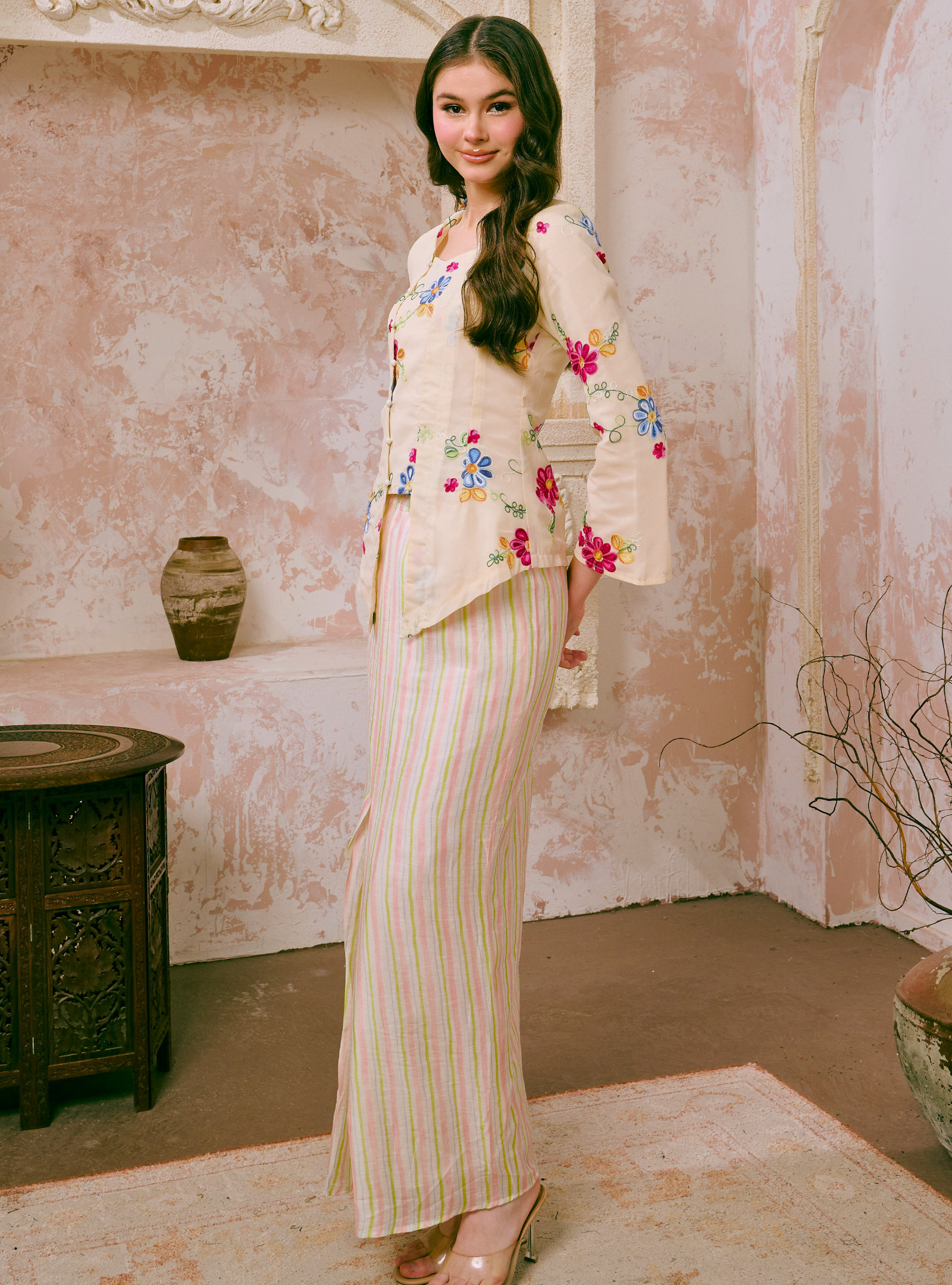 Naylah Songket Front Fold Skirt - Pink Striped