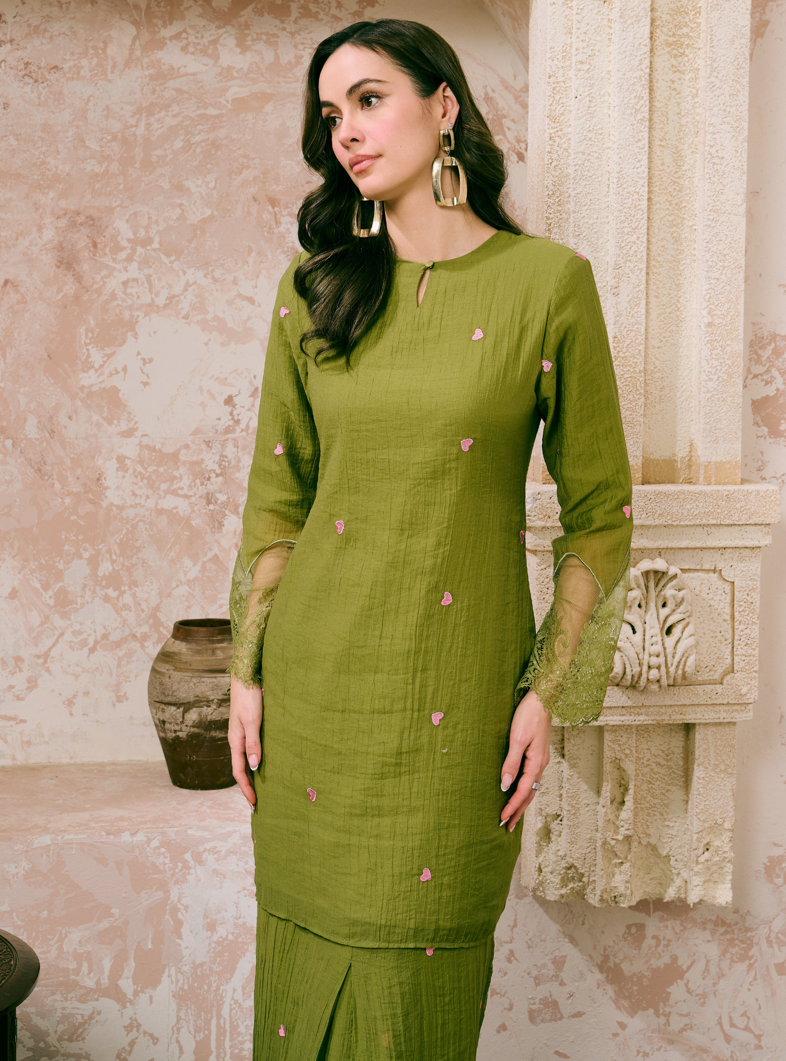Santun Elora Embroidered Kurung Pahang - Matcha