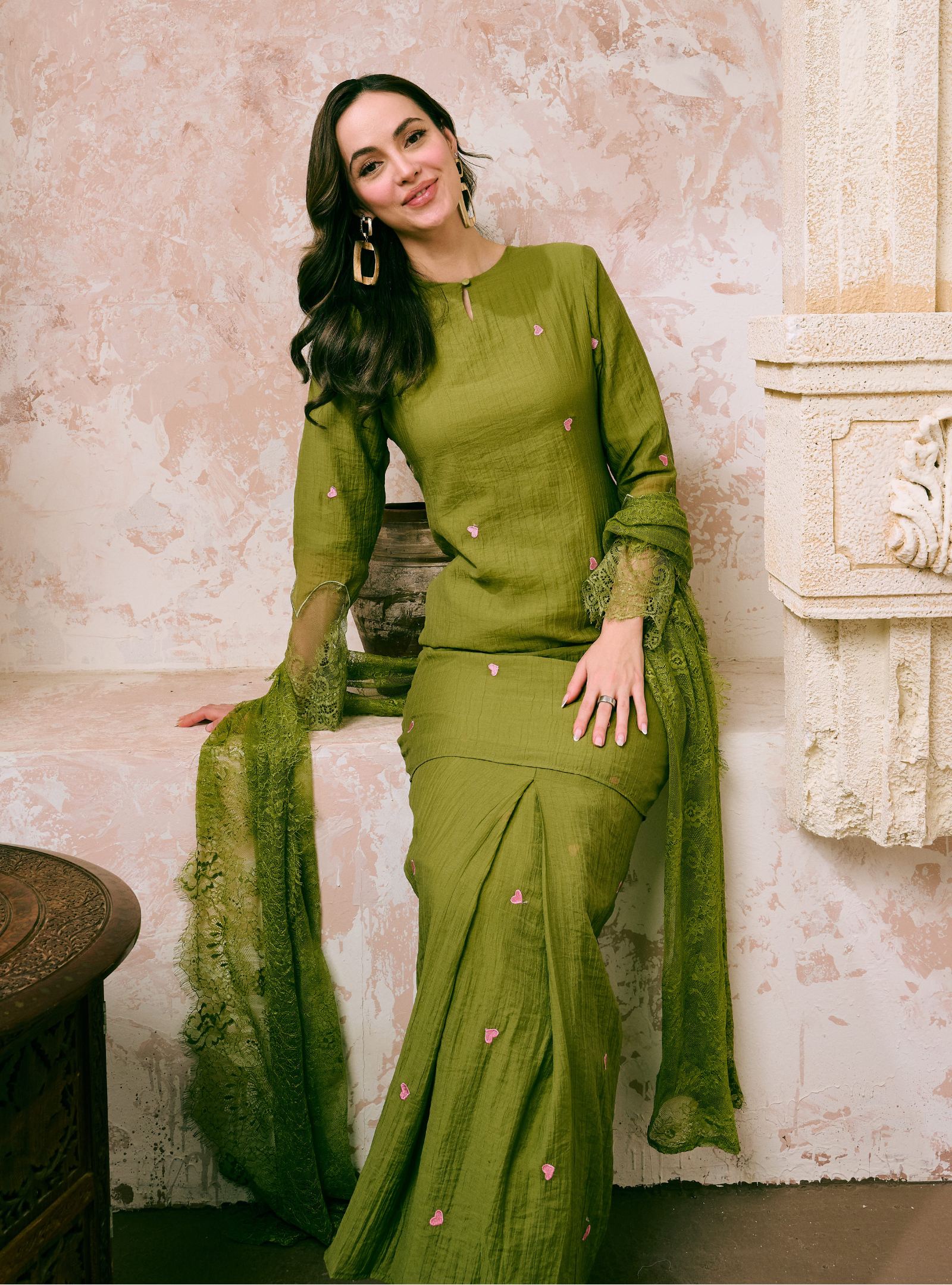 Santun Elora Embroidered Kurung Pahang - Matcha