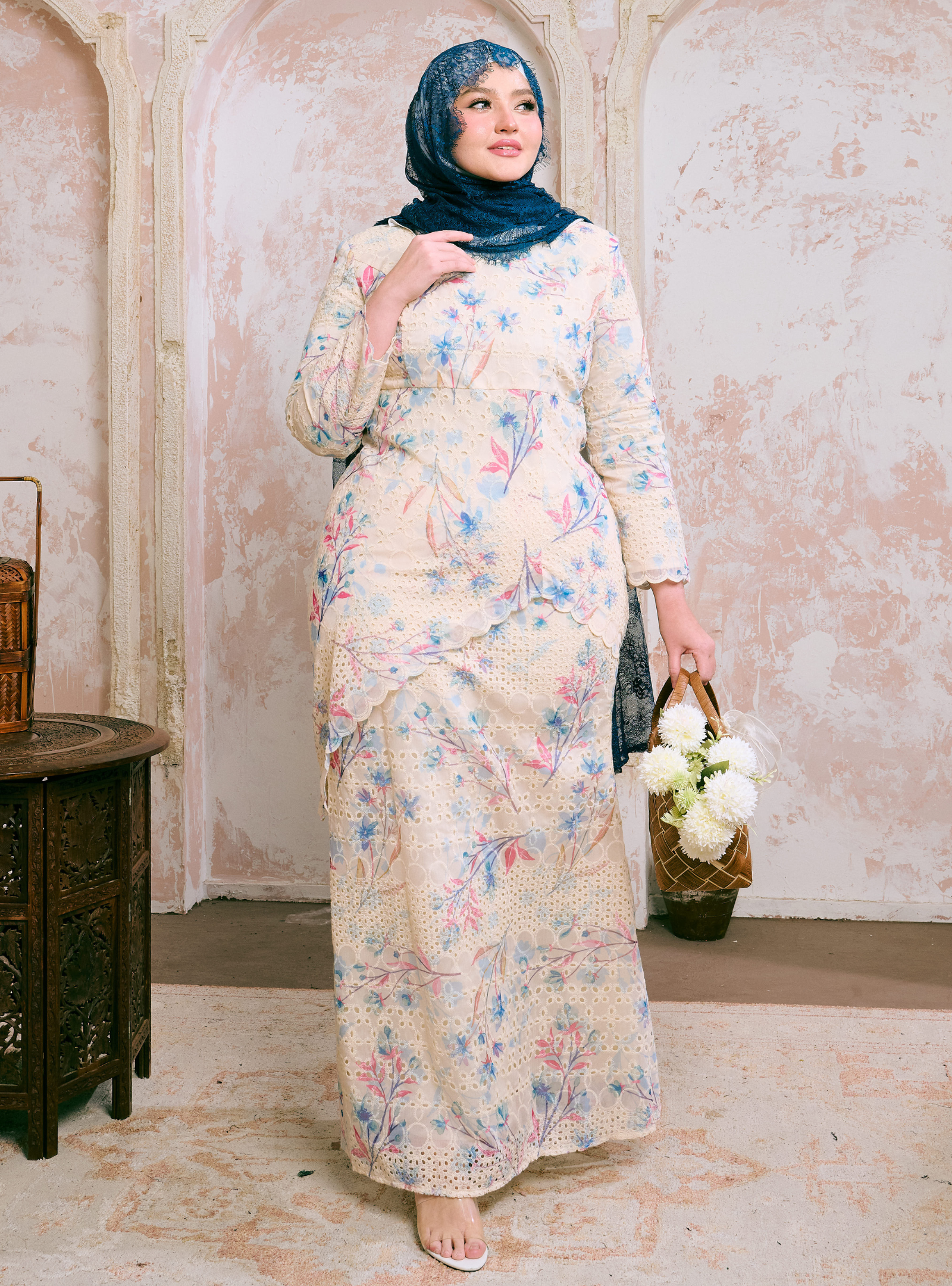 Santun Thalita Asymmetrical Kurung Pahang - Teal Pink