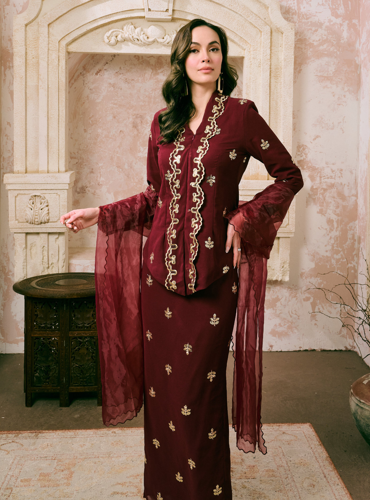 Seri Fatimah Embroidered Kebaya Kurung - Burgundy
