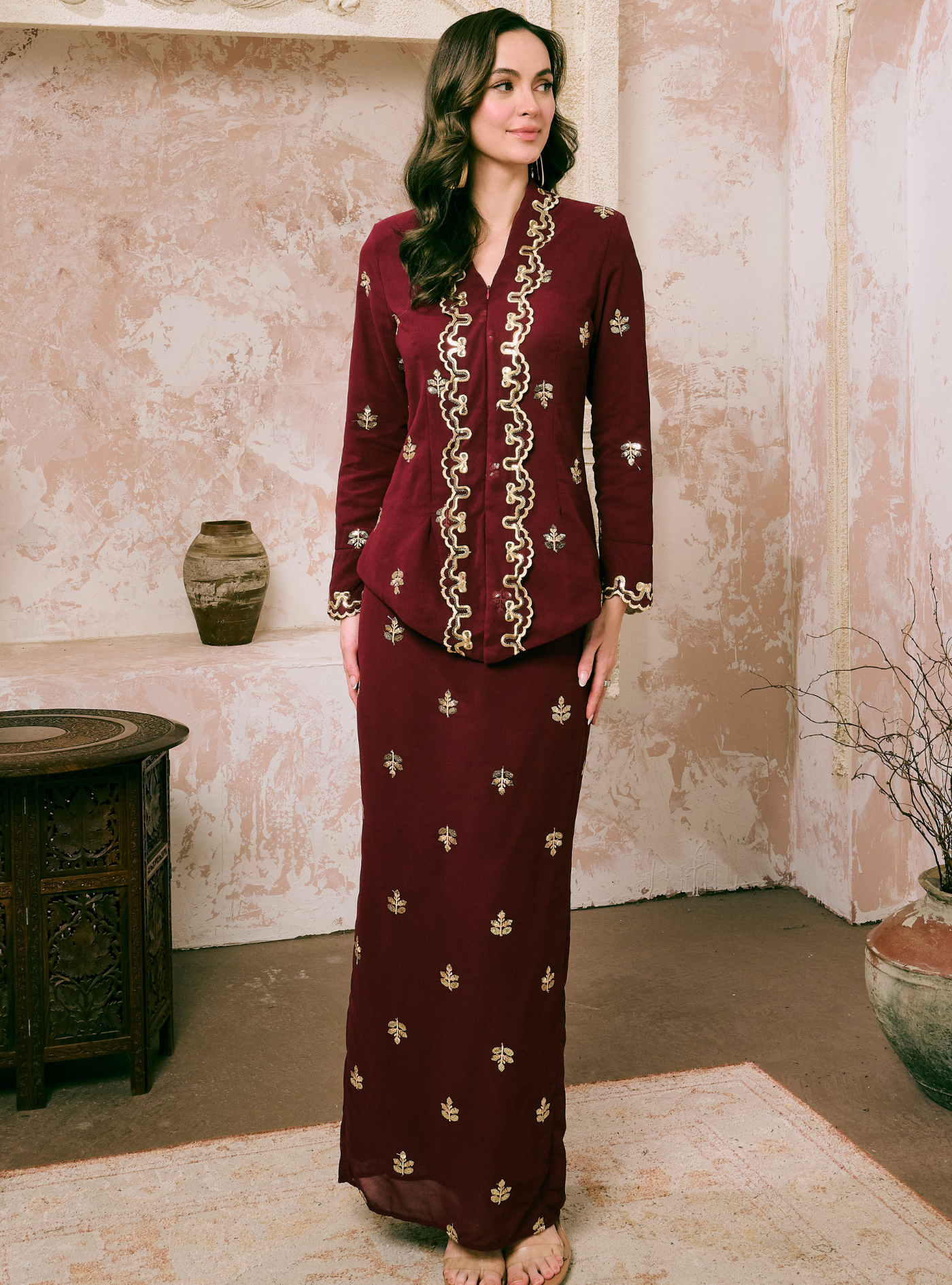Seri Fatimah Embroidered Kebaya Kurung - Burgundy