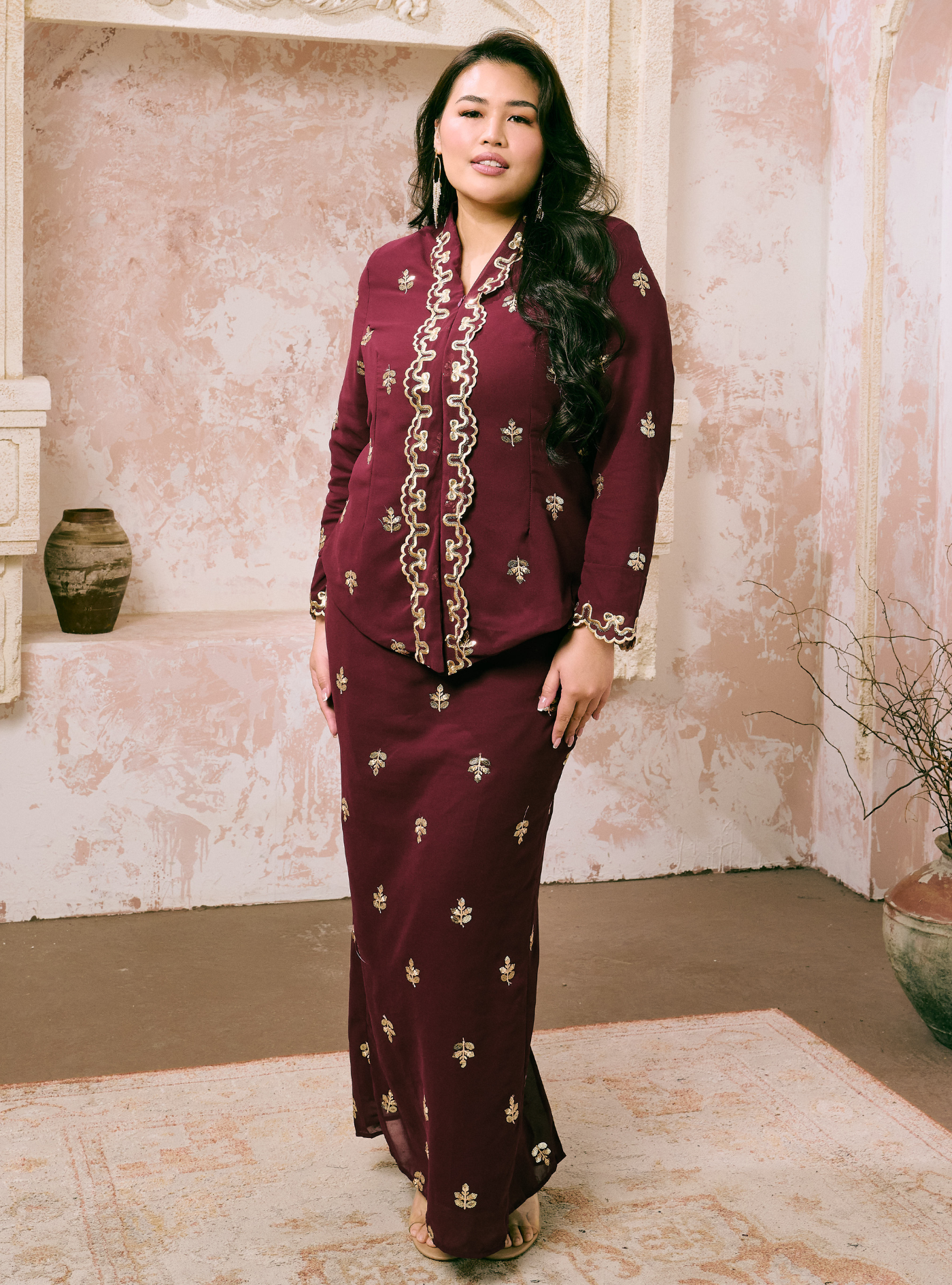 Seri Fatimah Embroidered Kebaya Kurung - Burgundy
