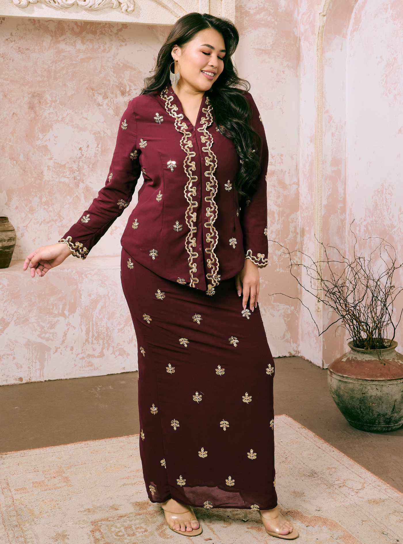 Seri Fatimah Embroidered Kebaya Kurung - Burgundy