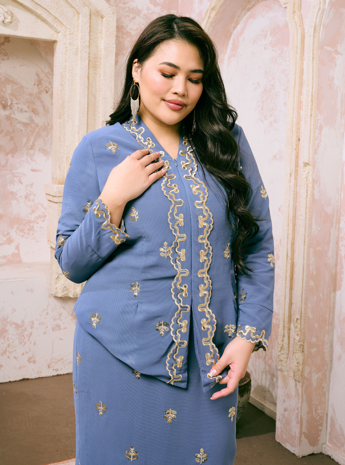 Seri Fatimah Embroidered Kebaya Kurung - Ash Blue