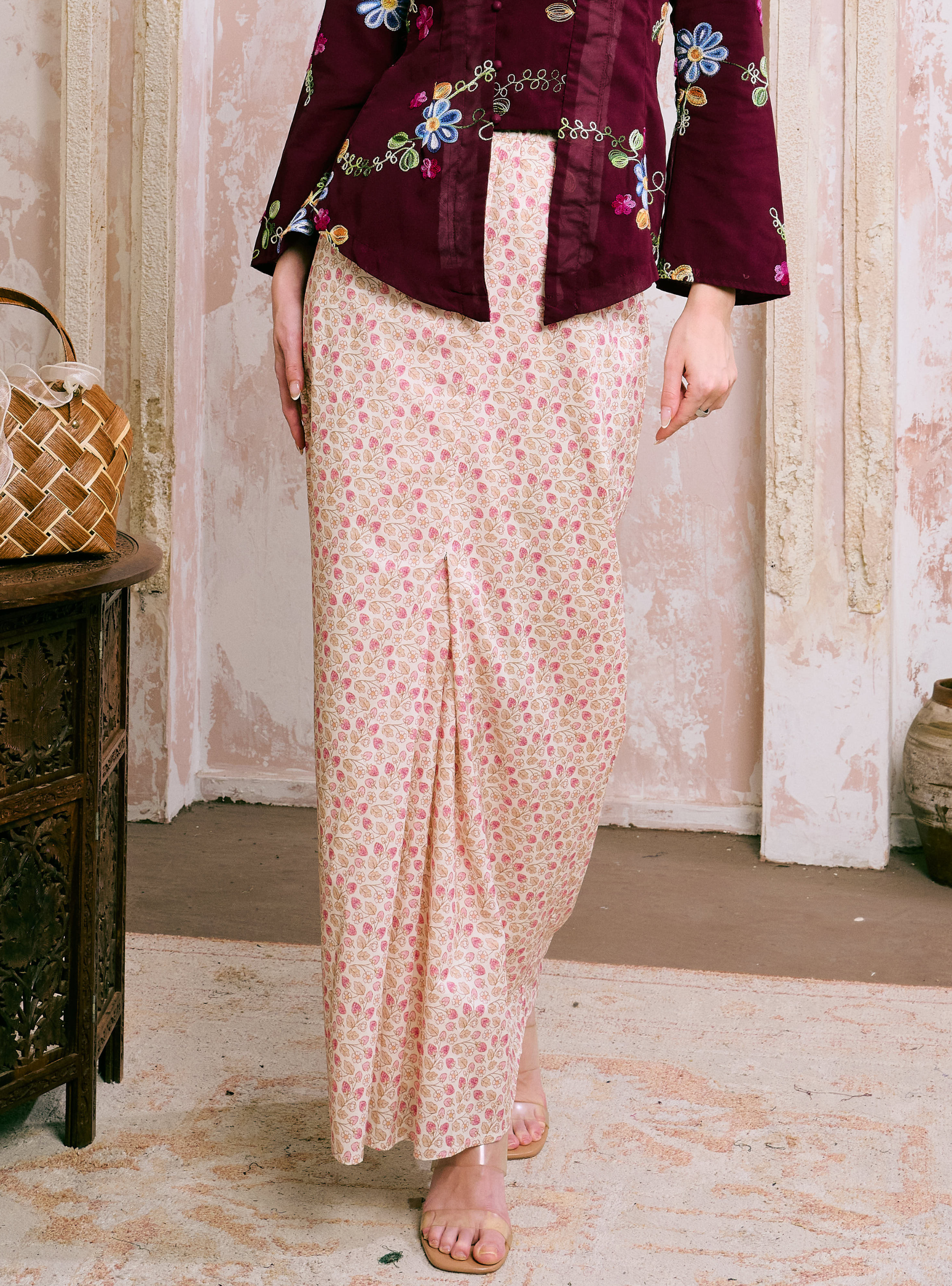 Naylah Songket Front Fold Skirt - Cherry Blossom
