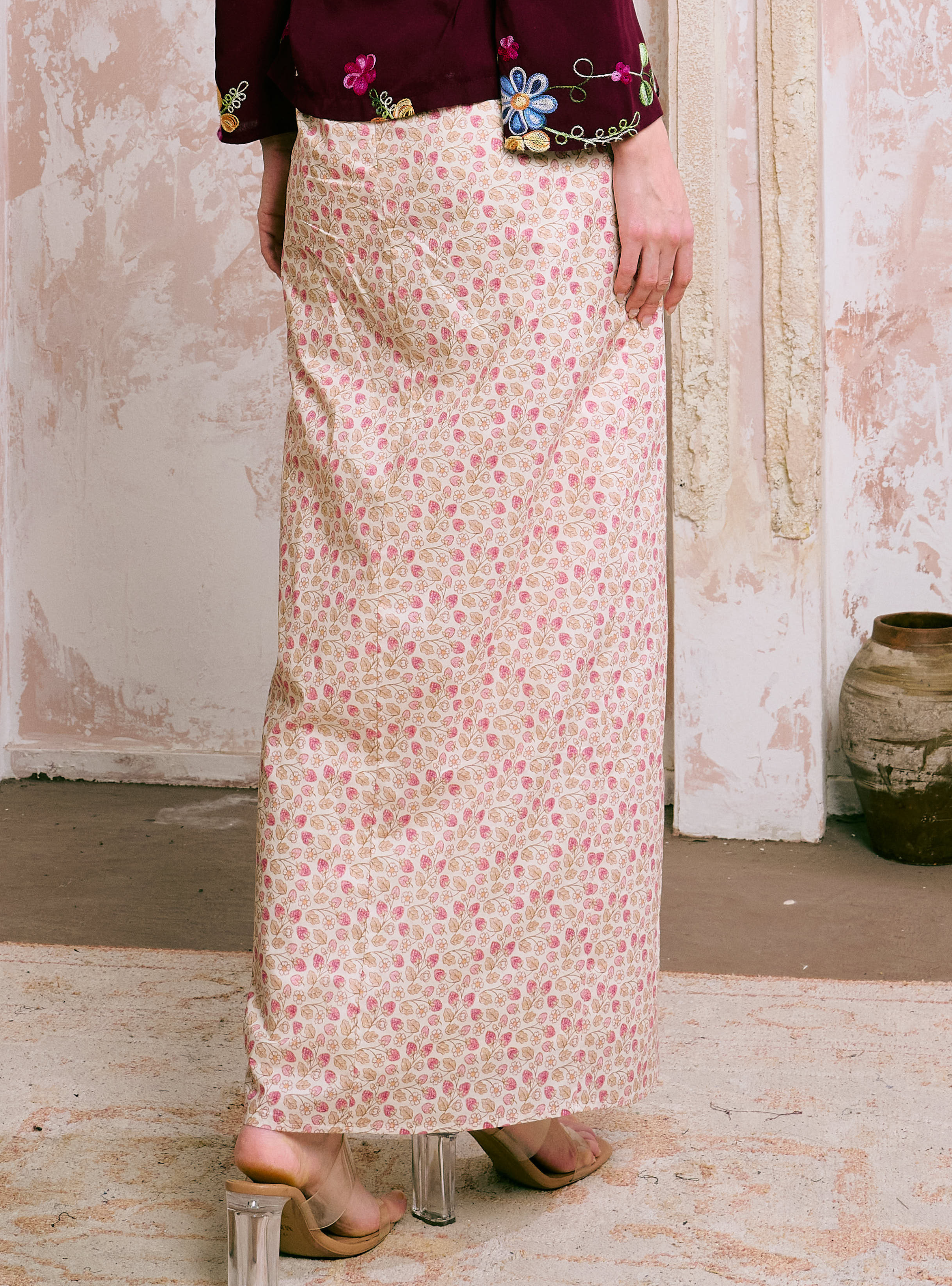 Naylah Songket Front Fold Skirt - Cherry Blossom