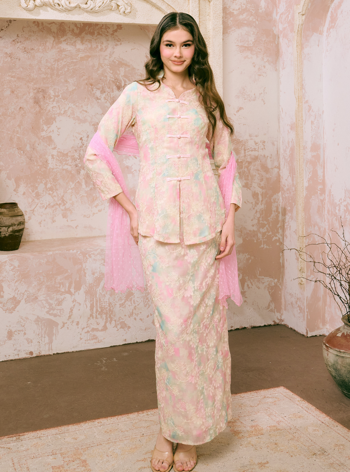 Orked Dotted Lace Selendang - Pink