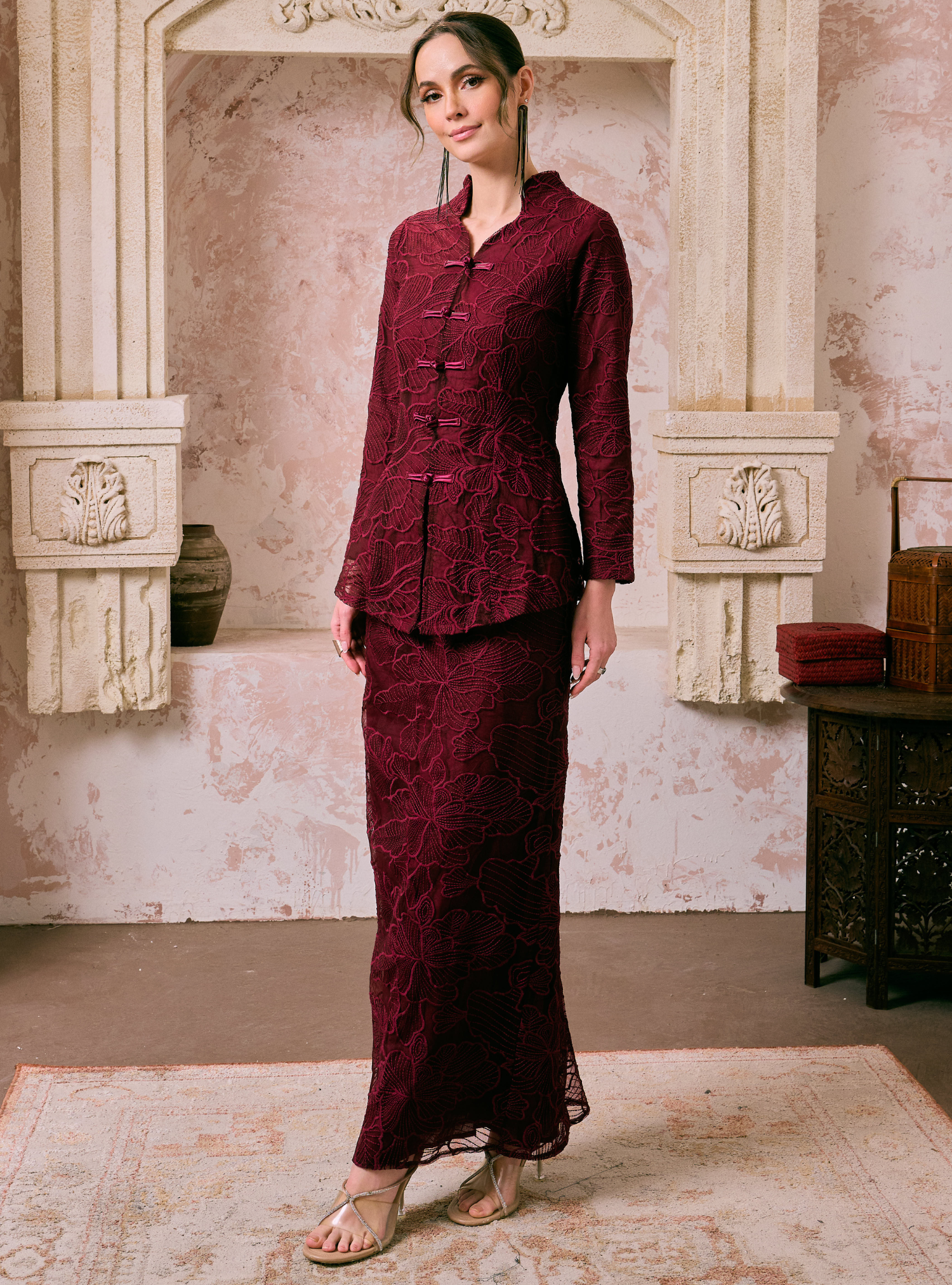 Santun Yumi Embroidered Kebaya Kurung - Burgundy Daun