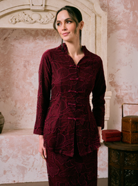 Santun Yumi Embroidered Kebaya Kurung - Burgundy Daun