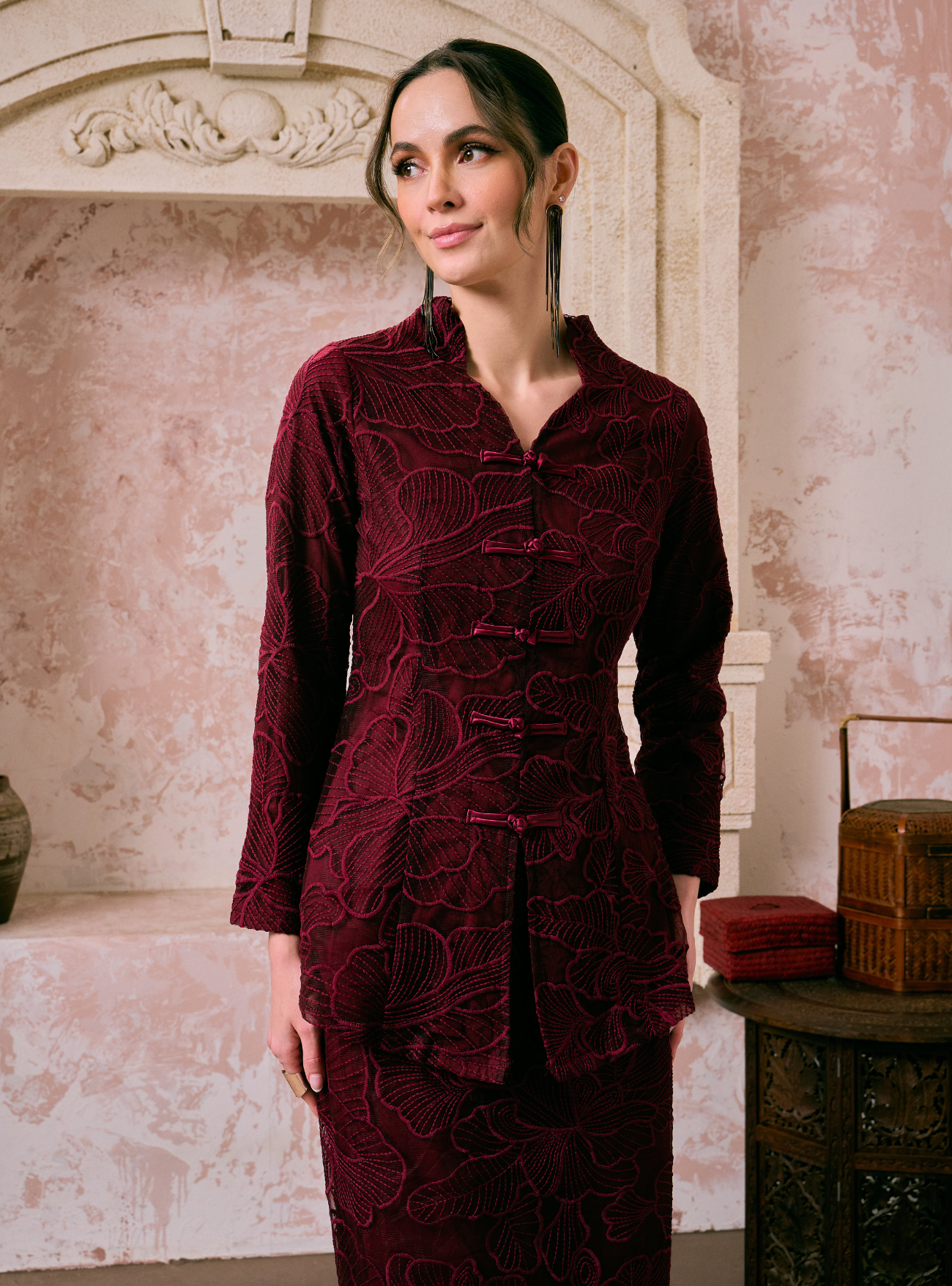 Santun Yumi Embroidered Kebaya Kurung - Burgundy Daun