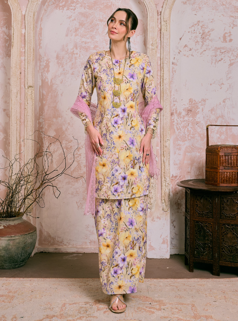 Santun Mia Kurung Pahang - Yellow Purple