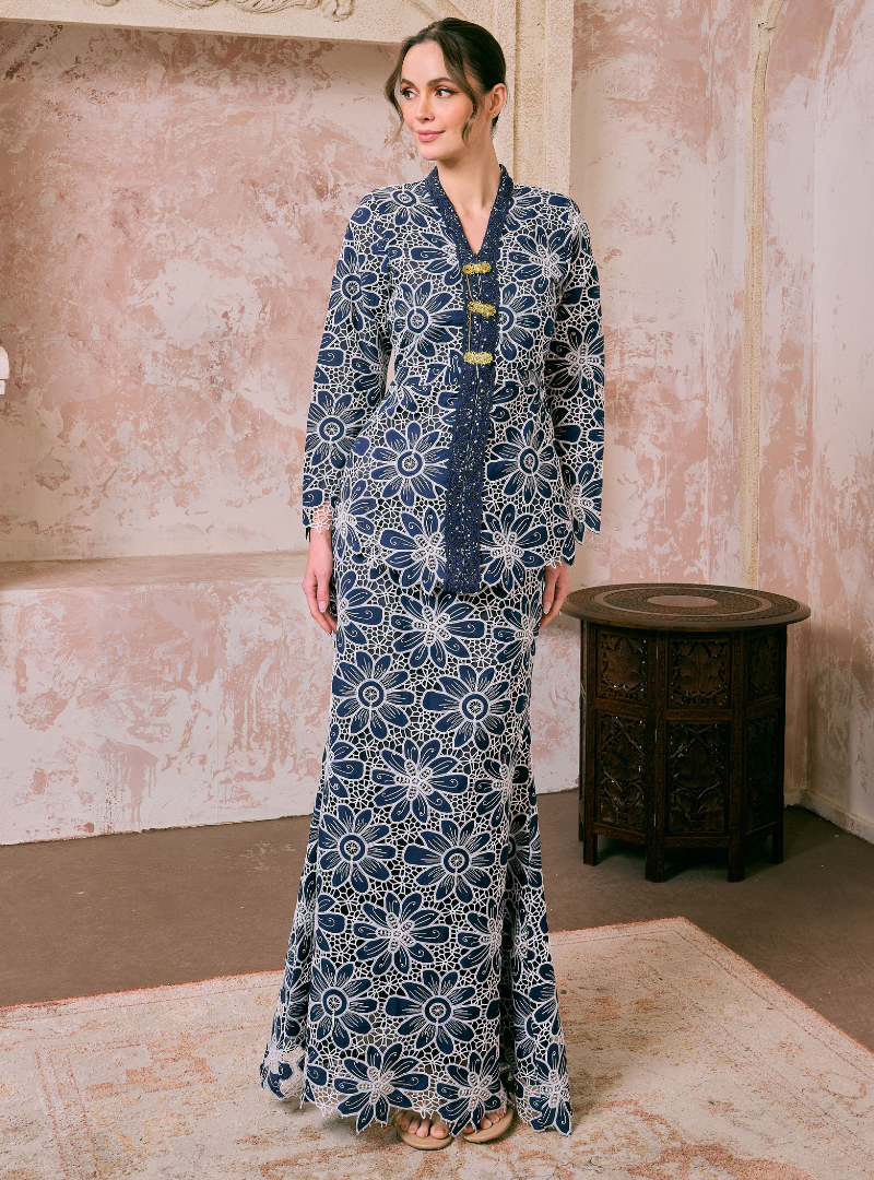Santun Rafiah Eyelet Kebaya Kurung - Navy Teal