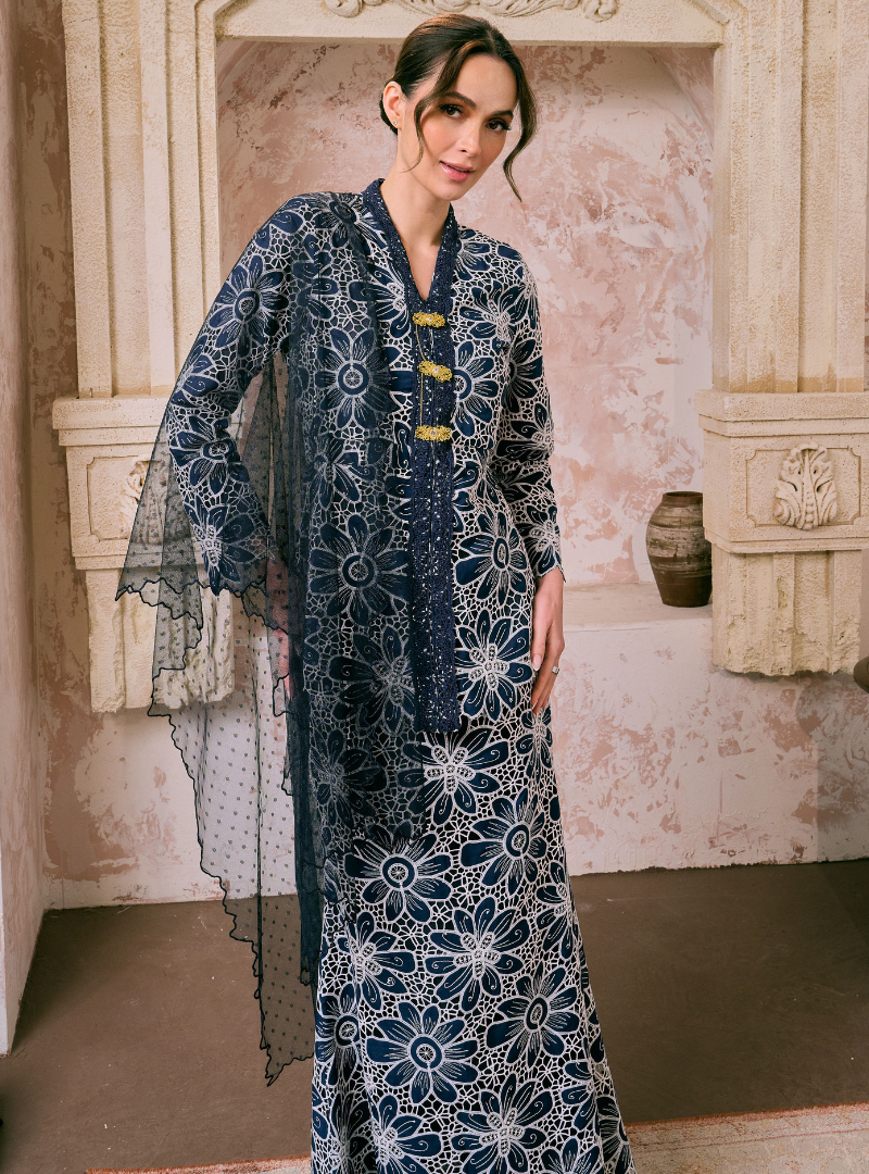 Santun Rafiah Eyelet Kebaya Kurung - Navy Teal