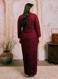 Santun Yumi Embroidered Kebaya Kurung - Burgundy Daun