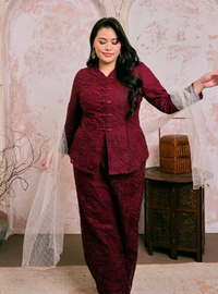 Santun Yumi Embroidered Kebaya Kurung - Burgundy Daun