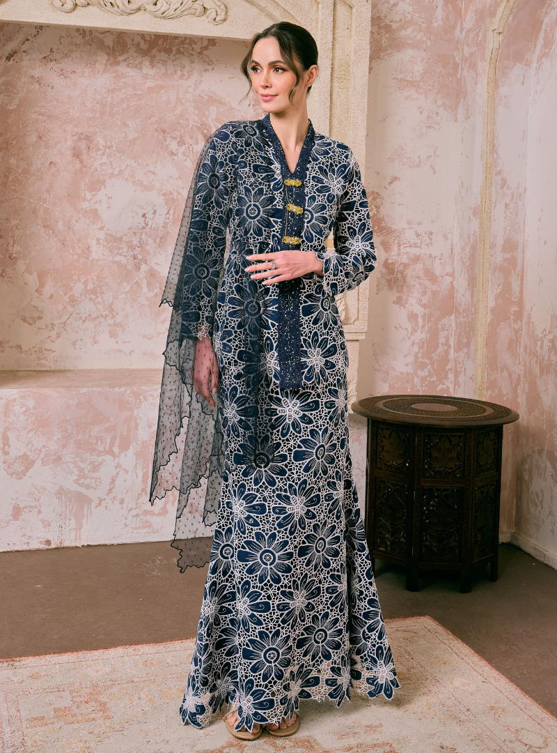 Santun Rafiah Eyelet Kebaya Kurung - Navy Teal