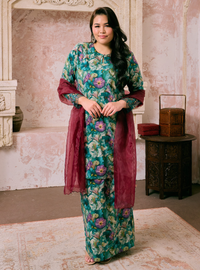 Santun Mia Kurung Pahang - Teal Bunga