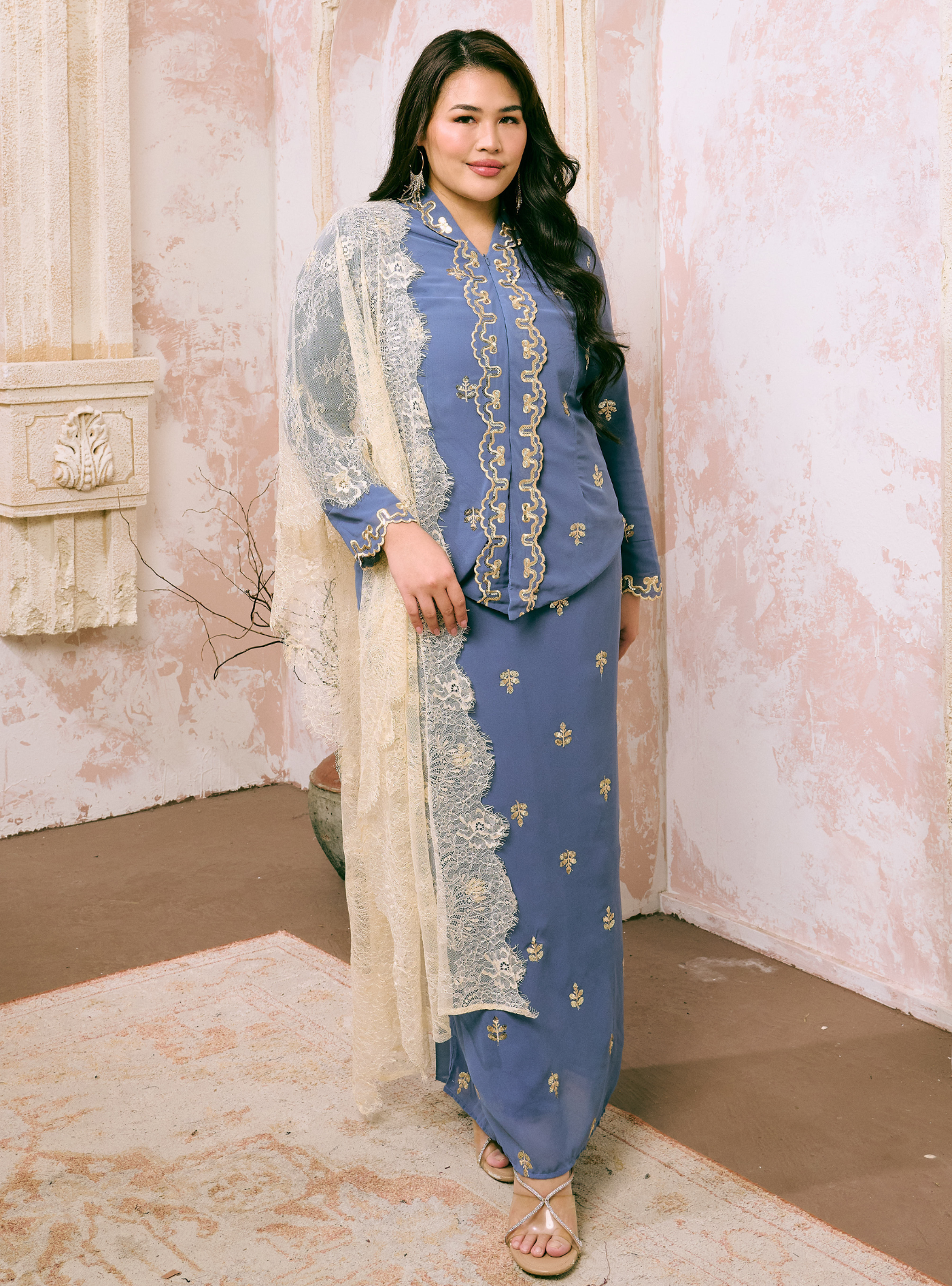Seri Fatimah Embroidered Kebaya Kurung - Ash Blue