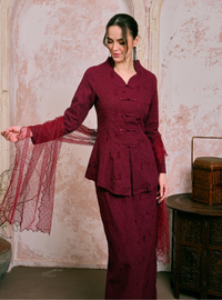 Santun Yumi Embroidered Kebaya Kurung - Maroon Eyelet